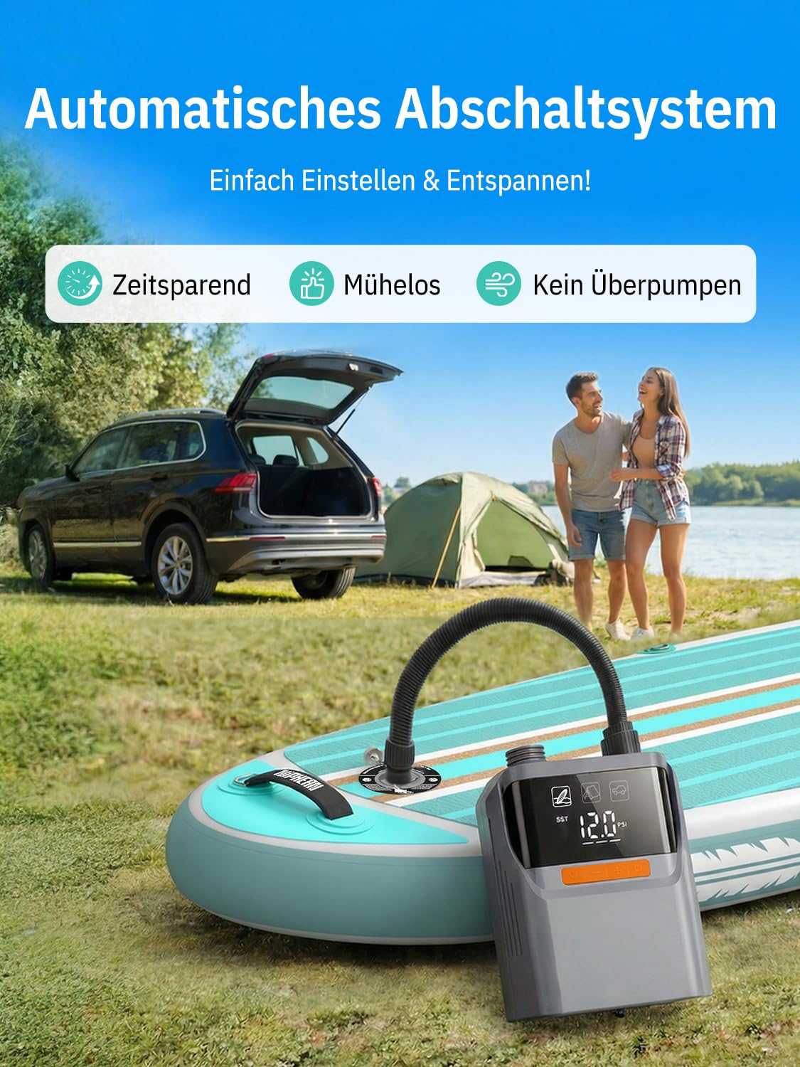 Niphean Elektrische Luftpumpe Akku, 50 PSI Luftpumpe Elektrisch für Autoreifen, Fahrrad, Luftmatratze, SUP Pumpe Elektrisch mit Tragetasche, Akku Pumpe mit Auto-Stopp für Aufblasbares&Entlüftung