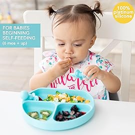 Bumkins - Silicone Grip Dish 3-Section, Training Chewtensils & Lid - For Ages 6 Months+ - Suction Base - 100% Food-Safe Silicone - Oven, Microwave, Freezer, & Dishwasher Safe - Blue
