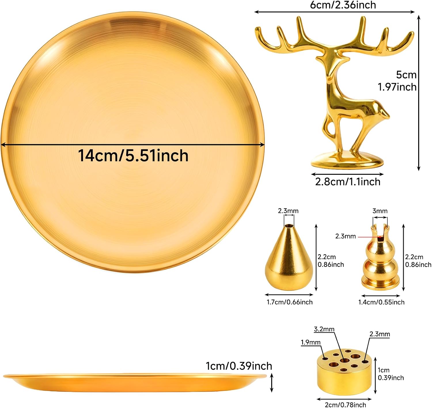 5 in 1 Incense Burner - 5.5 Inch Brass Incense Holder for Sticks, Coils and Cones with Ash Catcher - for Meditation, Yoga, Zen Room, Home Decor (Deer+Nine Holes+Gourd+Water Drop+Disc)