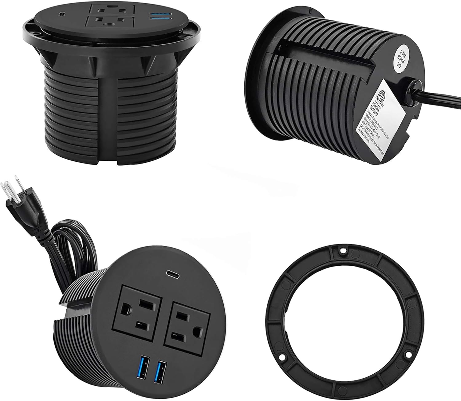 Kungfuking Desktop Power Grommet with PD 20W USB C,Recessed Power Outlets with 2 AC Plugs and 3 USB Charging Ports,Hidden Power Strip for Office Kitchen Cabinet Conference Room