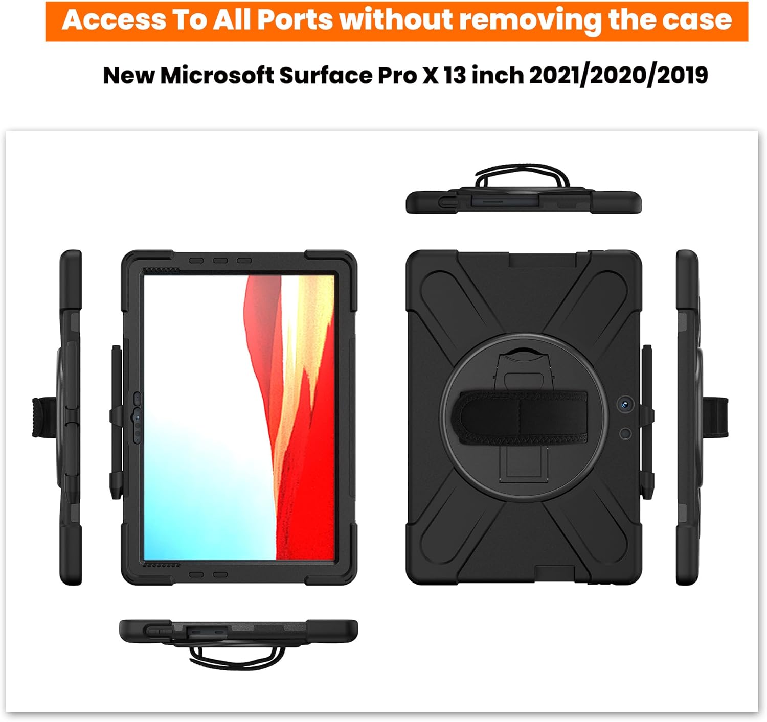 DreamerX for Microsoft Surface Pro X 13 inch Case 2019/2020/2021, Heavy Duty Military-Grade Shockproof Rugged Drop Protective Silicone Cover with Rotating Stand Hand Strap Shoulder Strap Pencil Holder