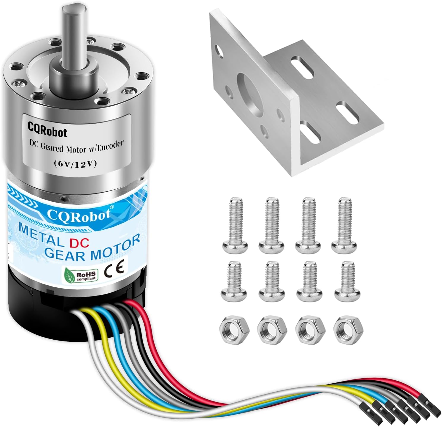CQRobot 270:1 Metal DC Geared-Down Motor 37Dx72.5L mm 6V/12V, with 64 CPR Encoder and Bracket. 6V-3W-20RPM-40 kg.cm(556 oz.in), 12V-6W-40RPM-70 kg.cm(972 oz.in), D-Shaped Output Shaft 16mm.
