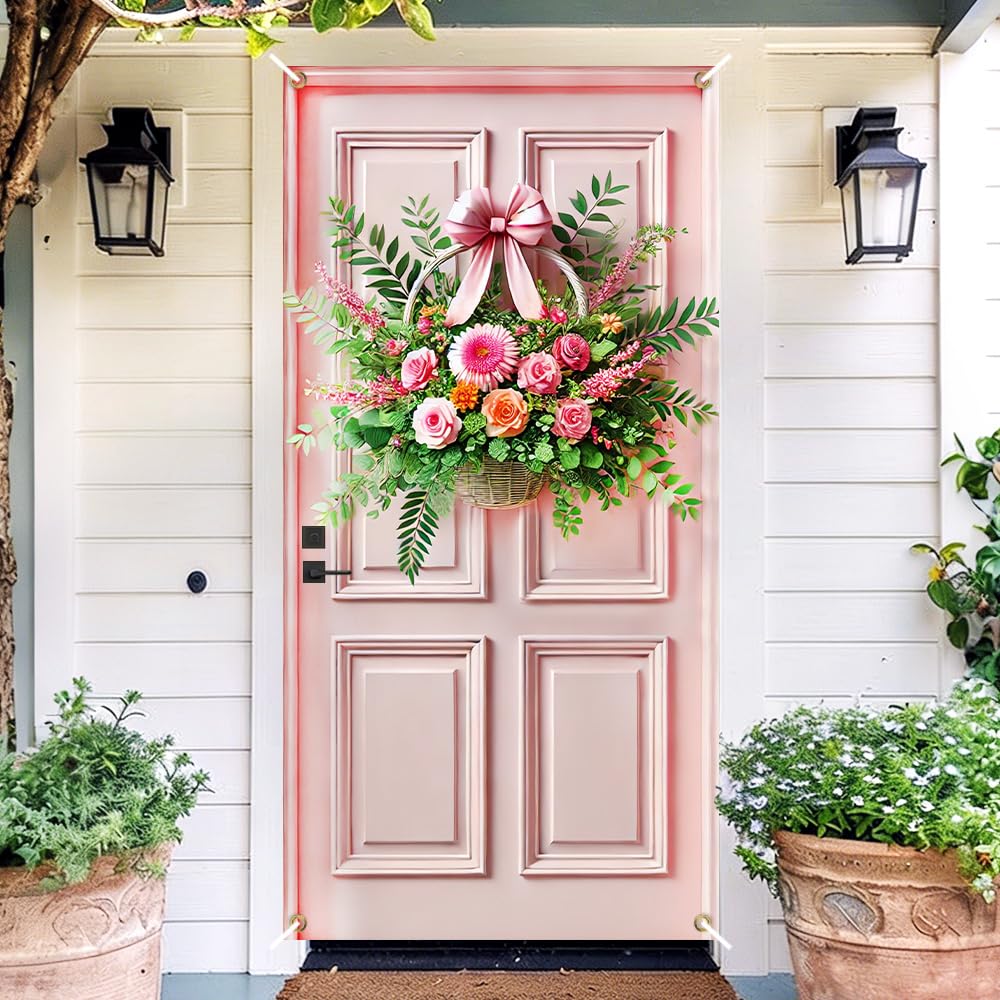 Pink Rose Basket Door Cover 35x71in Spring Floral Bow