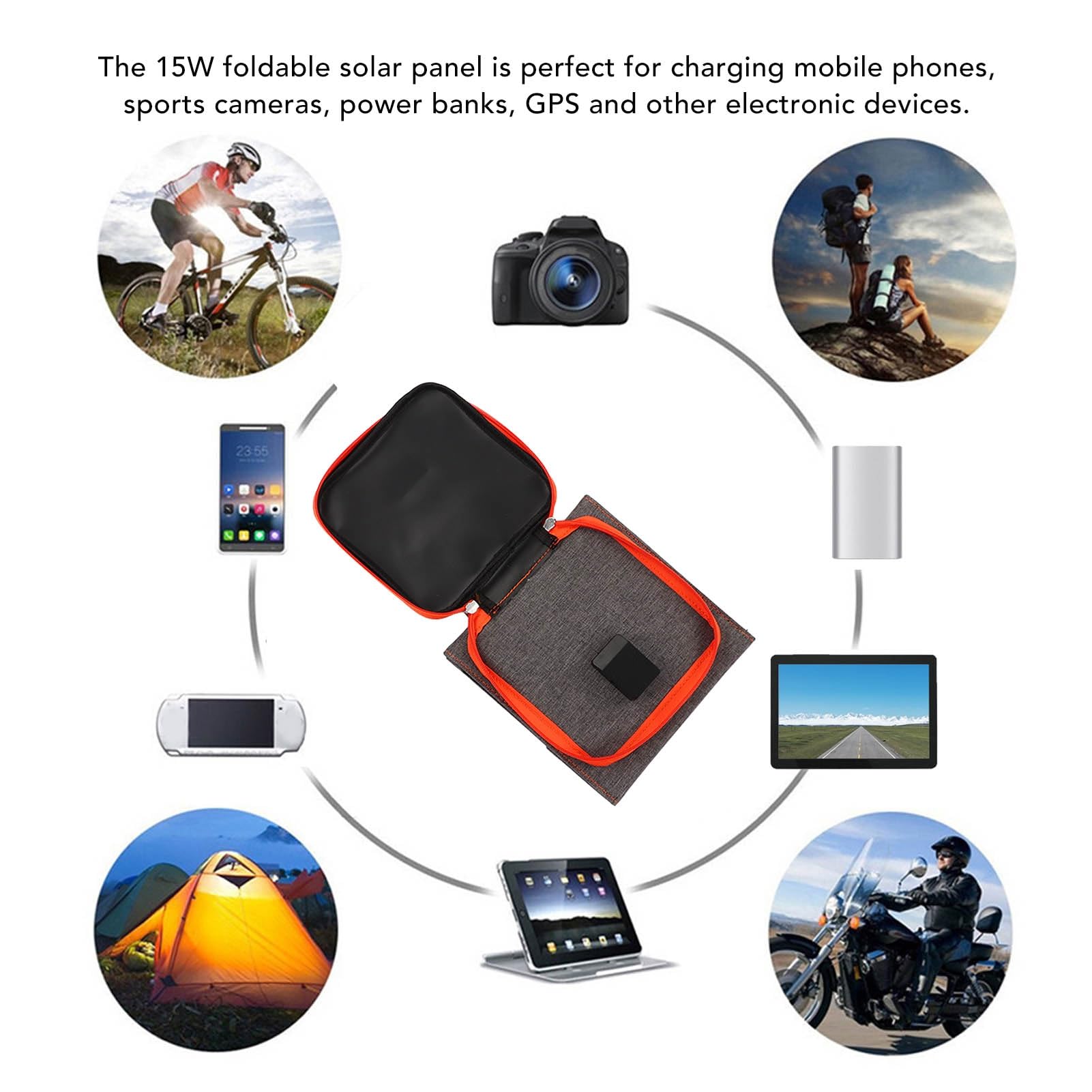 Chargeur de sac solaire pliant en silicium monocristallin 15W 5V, chargeur de panneau solaire USB Portable pour l'extérieur, pour Camping et randonnée