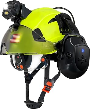 SAFEBUILDER Hard Hats with Bluetooth Ear Muffs Headlight Safety Helmet with Visor Vented Adjustable Construction Forestry Hardhats ANSI