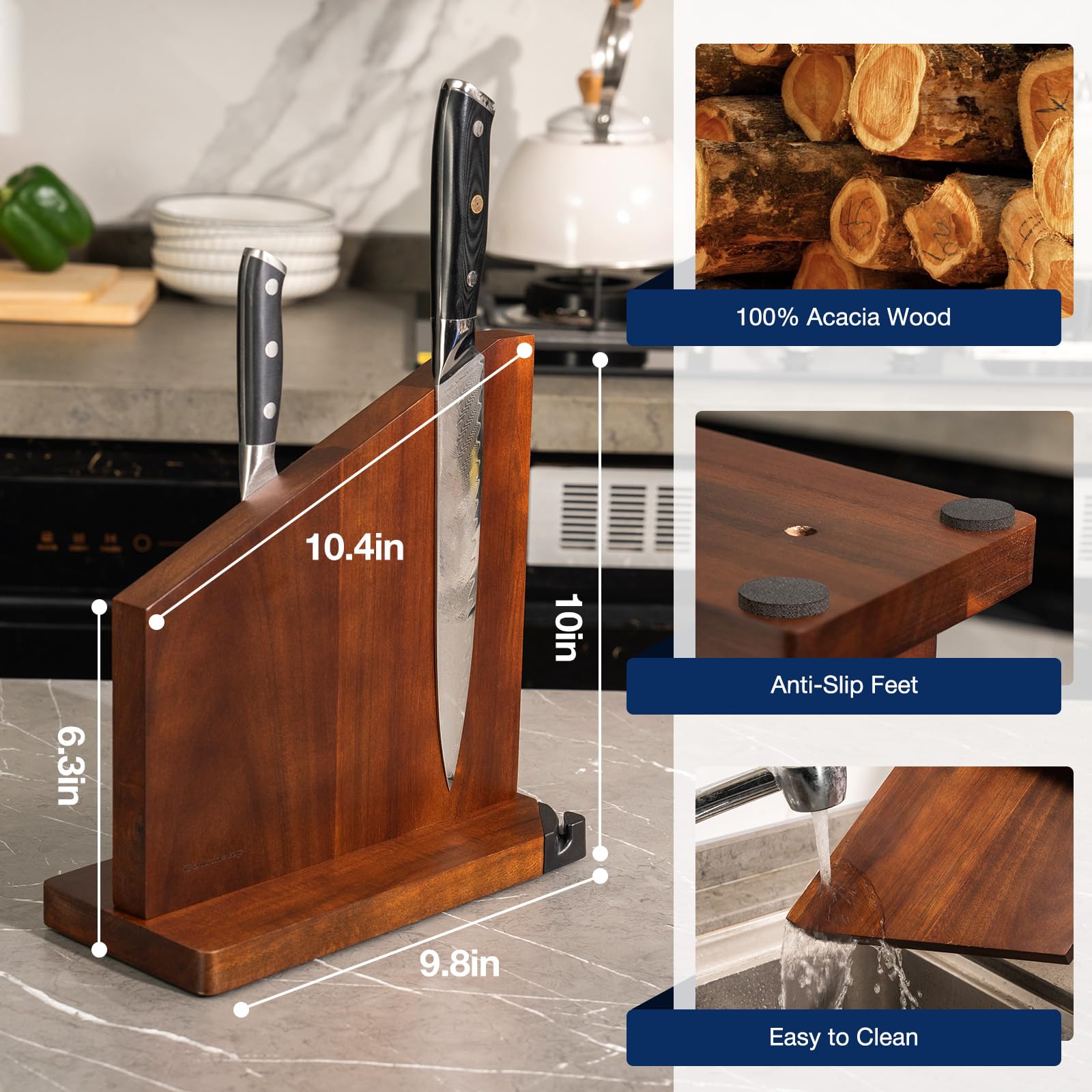 Gourmetop Porte-couteaux magnétique avec aiguiseur intégré, 100 % bois d'acacia magnétique sans couteaux, support de couteaux magnétique double face solide pour l'organisation du comptoir de cuisine