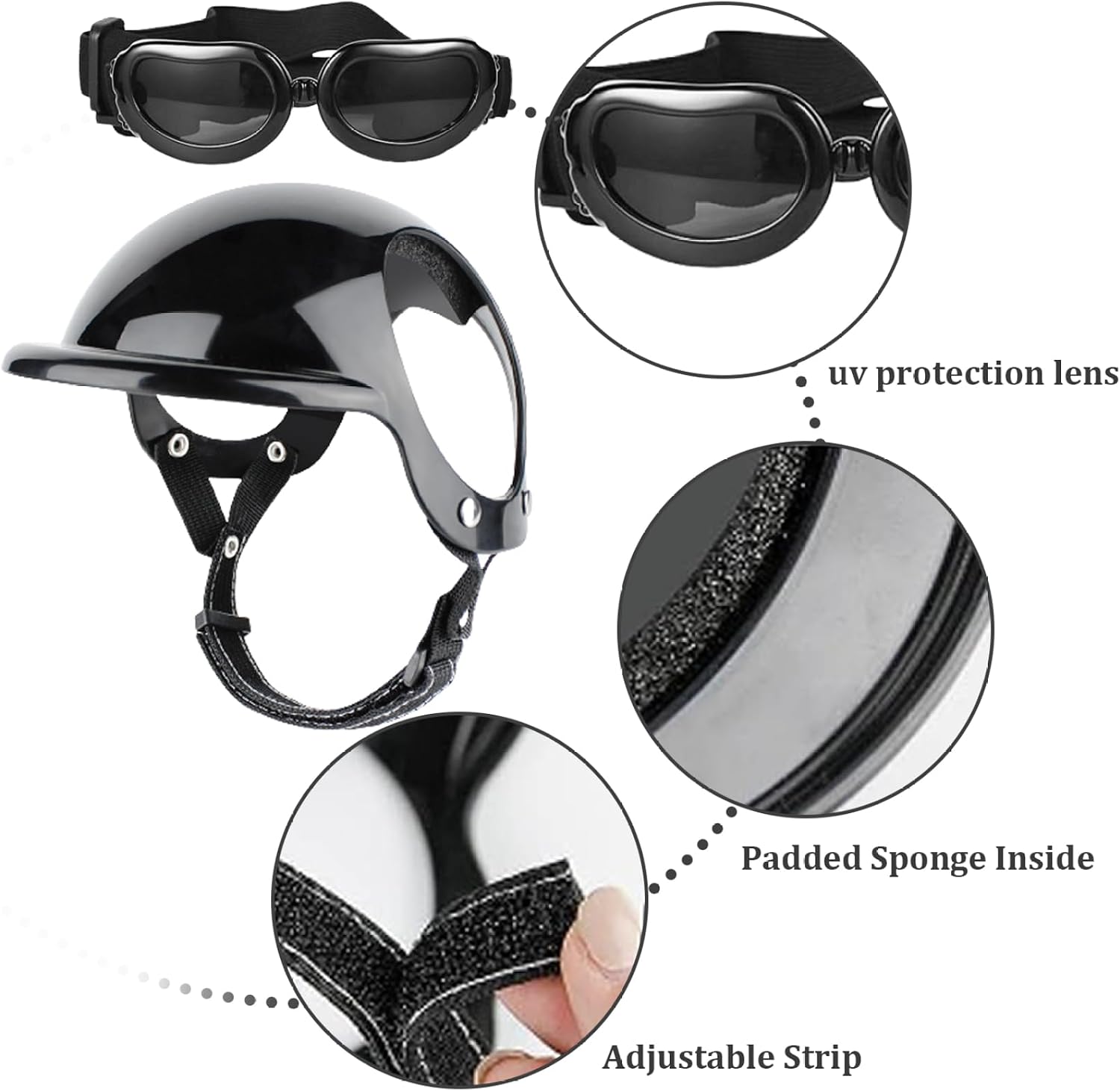 Dog Helmet and Goggles 2Pcs/Set Adjustable Chin Strap Dome Dog Helmet with Ear Hole Windproof Stylish Decorative Goggles Pet Supplies ...