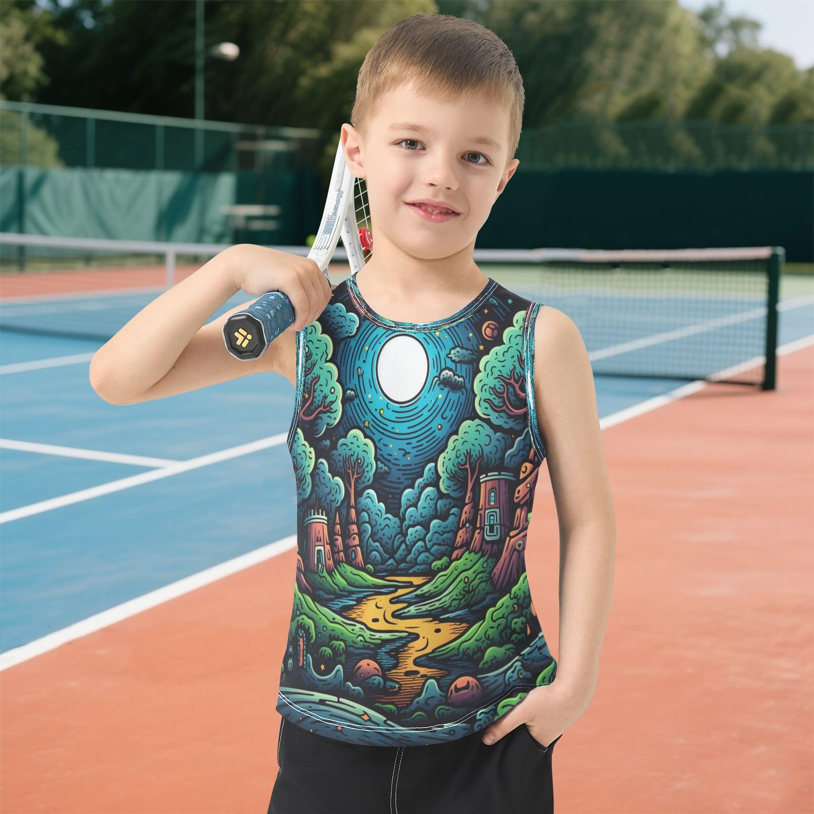 Divertido Bosque Verde De Dibujos Animados Camisetas Sin Mangas Tipo Tank Top para Niños Jóvenes Ideales para Actividades Deportivas