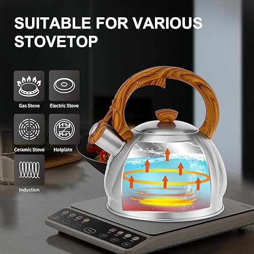 Miniatura 3 de Haus Roland Hervidor de té de acero inoxidable para estufa, patrón en espiral, calentamiento rápido, hervidor de agua caliente de 2.1 cuartos de