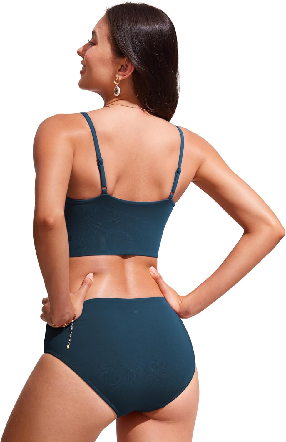 CRZ YOGA V Shaped Longline Bikini Tops for Women - Padded Cropped Adjustable Spaghetti Straps Swimsuit Athletic Bathing Suit