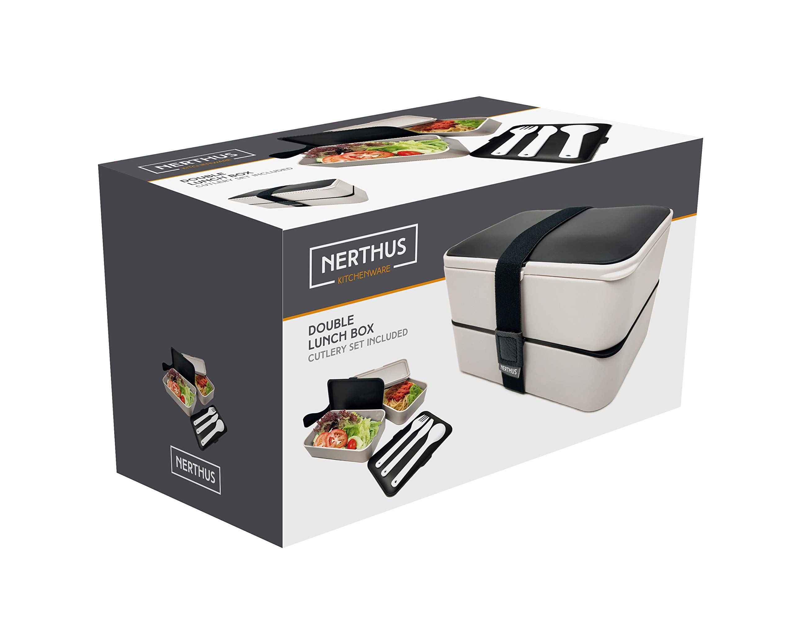 Nerthus FIH 415 Double lunch box full hermetic with cutlery set included, Black / White - Image 4