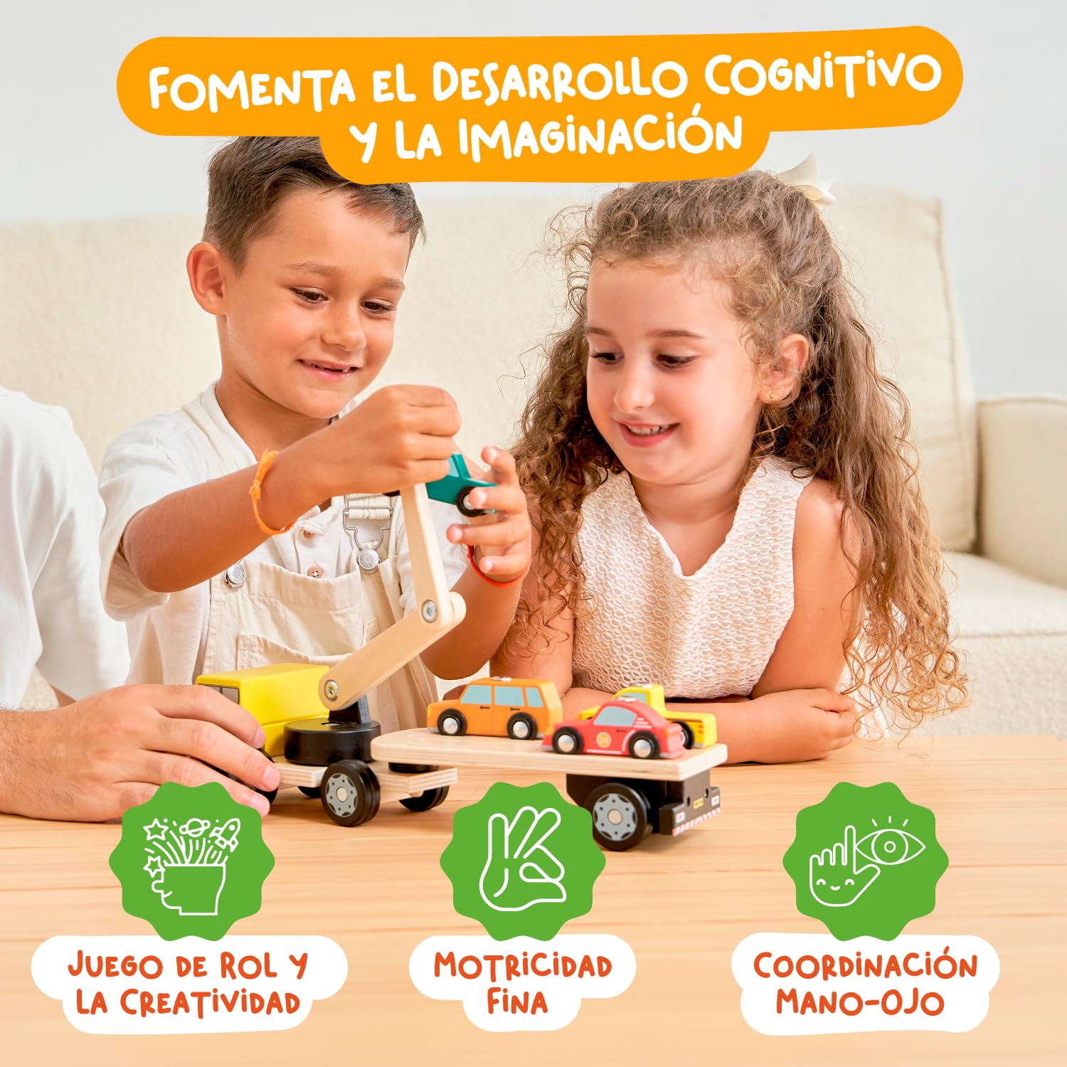 Nene Toys Camión Grúa de Madera con 4 Coches Magnéticos y Remolque Desmontable – Juguete Educativo para Niños 2+ Años – Vehículos Montessori Interactivos – Regalo Niños Niñas 2 3 4 Años