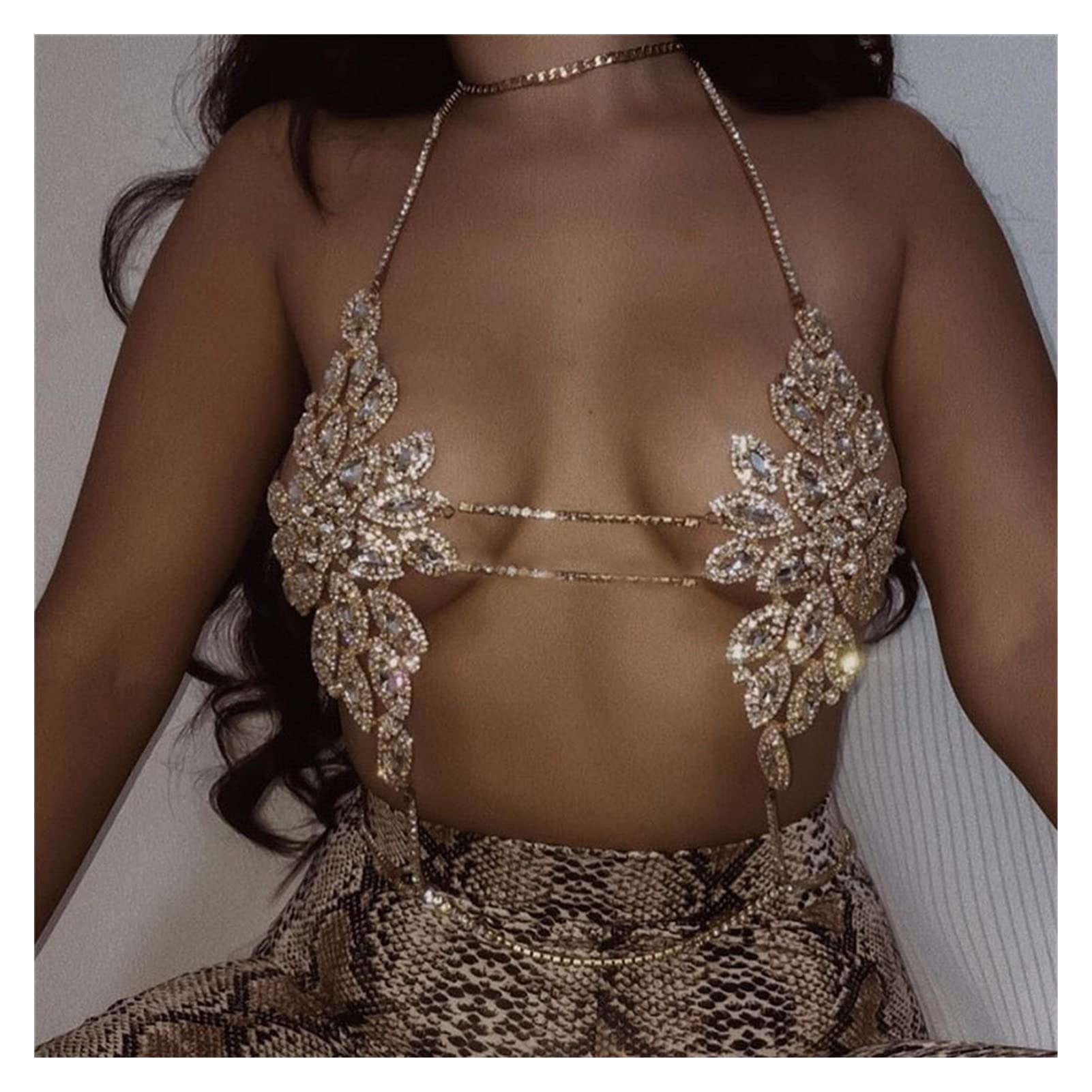 Körperkette Kristall Körperkette Bikini Harness Jewlery for Frauen Strass Kette BH Unterwäsche Set Hohlschmuck (Hauptsteinfarbe: Silber, Farbe: Goldfarbe)