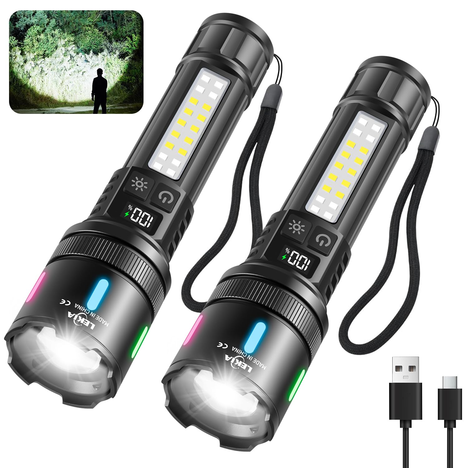 LEKIA Lampe Torches Ultra Puissante 100000LM, Rechargeables USB-C Lampe de Poche LED Simples Modes/7 Modes, Batterie 3000mAh Longue Durée 10 Heures, Idéales pour Camping, Randonnée, Lot de 2