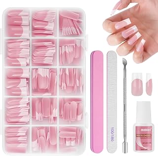 240 Stück Falsche Nägel Tips Set, 15 Größen Französisch falsche nägel Zum Aufkleben French Press On nail set, Fake nails mit Kleber für Damen Und Frauen (Rosa Medium Square)