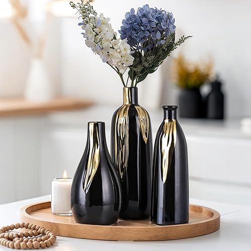 Miniatura 3 de Jarrón de cerámica de 3 piezas, jarrones dorados y negros para decoración del hogar, jarrones decorativos para chimenea, decoración de estantes y