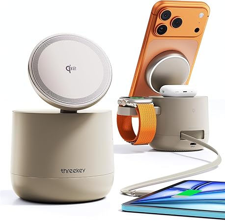 MFI Certified by Apple, 4 in 1 Magsafe Wireless Charging Station, Qi2 15W Magsafe Charger for iPhone 17/16/15/14/13/12 Series, iWatch, Airpods, iPad, 65W Charger Included (Sand, 4 in 1)