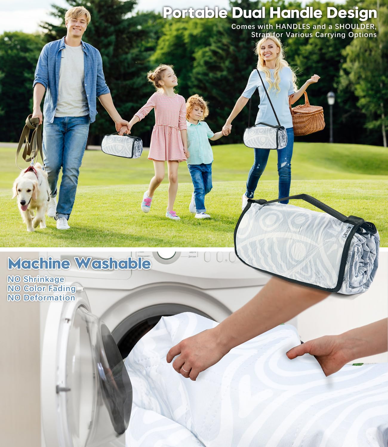 DEWUR Manta de picnic impermeable y lavable, XXL, para playa, sin arena, aislante, con parte inferior impermeable de aluminio (Gris, 200x200cm)