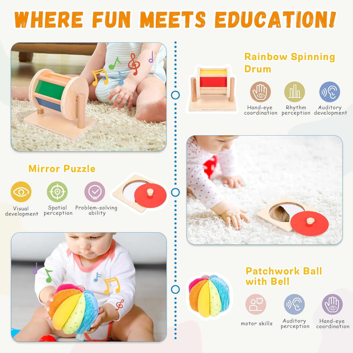 Adena Montessori Play Kit for 5-6 Months Baby,8 in 1 Learning Educational Toys for Toddler,Include Rainbow Spining Drum,Mirror Puzzle,Baby Tissue Box and More,Christmas Birthday Gift for Boys Girl