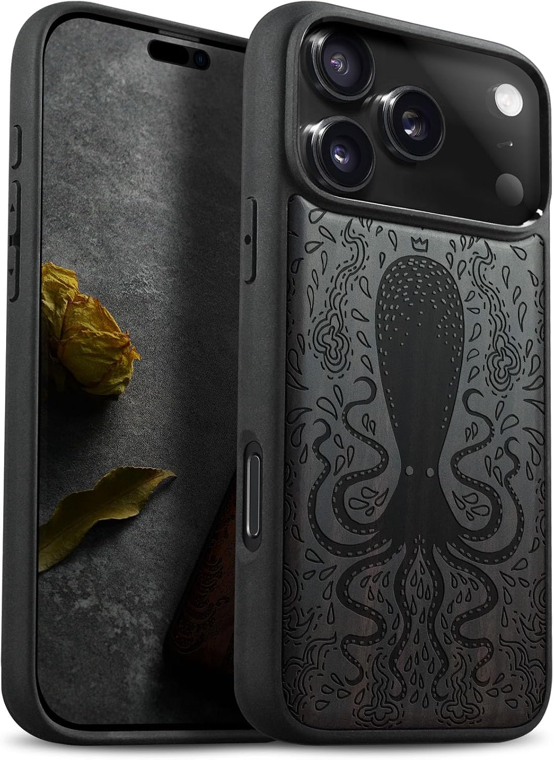 Carveit Magnetic Wooden Case for iPhone 17 Pro Max Case, Wood Artisan Engraved & Black Soft TPU Shockproof Cover, Compatible with MagSafe Wireless Chargers (Floral Octopus) Cherry