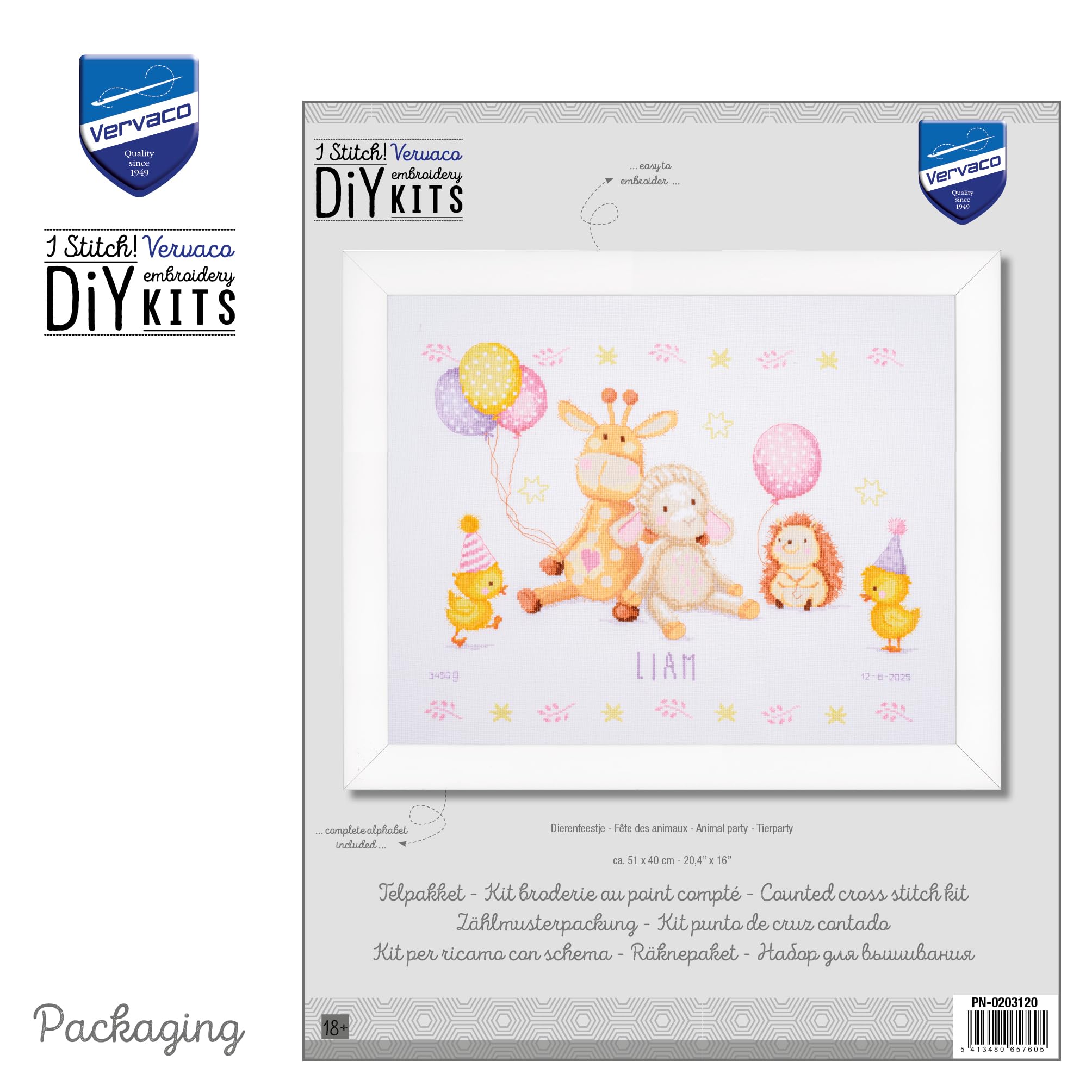 VERVACO Haft Krzyżykowy Liczony Zestaw Metryczka dla Dziecka ZWIERZĘCA IMPREZA Pamiątka Narodzin Zrób to Sam Zestaw Kreatywny dla Dorosłych 51 x 40 cm Dekoracje Ścienne Pokój Dziecka Cross Stitch