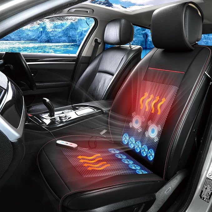 Winter Leather Car Seat Cover Cooling Ventilated Car Cooling Seat Cushion Summer Breathable Mesh Car Seat Cooling Pad Warm Massage Cushion Seat Cooler (Front Seat, Black, 1PCS)