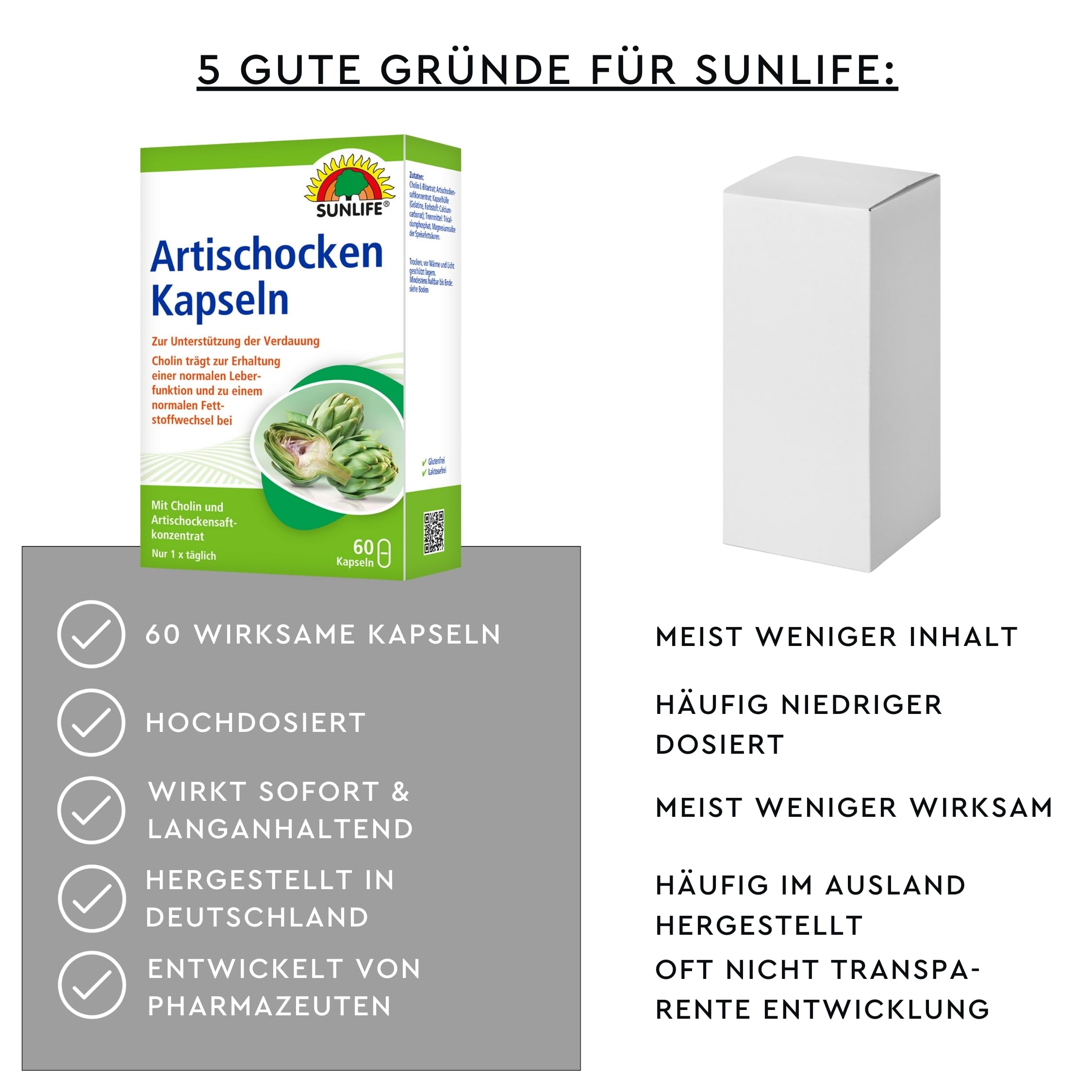 SUNLIFE Artischocken Kapseln hochdosiert I 1 x 60 Stück I Cholin mit Artischockensaftkonzentrat I Bitterstoffe für Verdauung & normale Leberfunktion I glutenfrei laktosefrei sojafrei