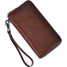 Genuine Leather Long Zip Around Wallet for Men Women Vintage Cowhide Clutch Purse with Wristlet Multi Card Slots Phone Holder, Coffee