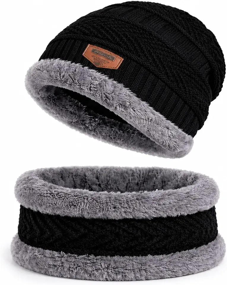 Conjunto de Touca Gorro e Gola Cachecol Unissex com Forro de Pelúcia Macia para Frio de Inverno
