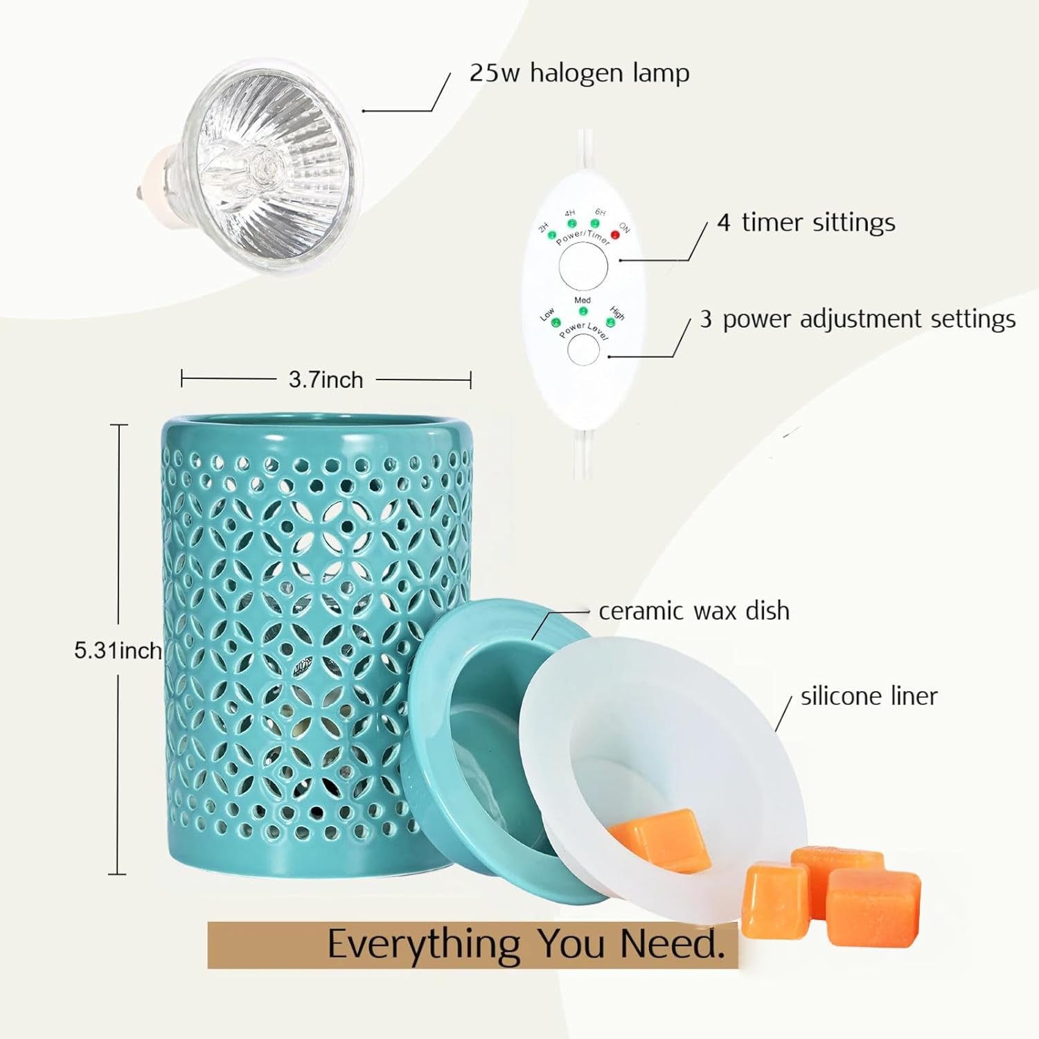 ASAWASA Ceramic Wax Melt Warmer with Timer and 1 pc Silicone Dish,Candle Wax Warmer for Scented Wax & Essential Oils,Ideal Gift for Home Office Kitchen Long Cyan
