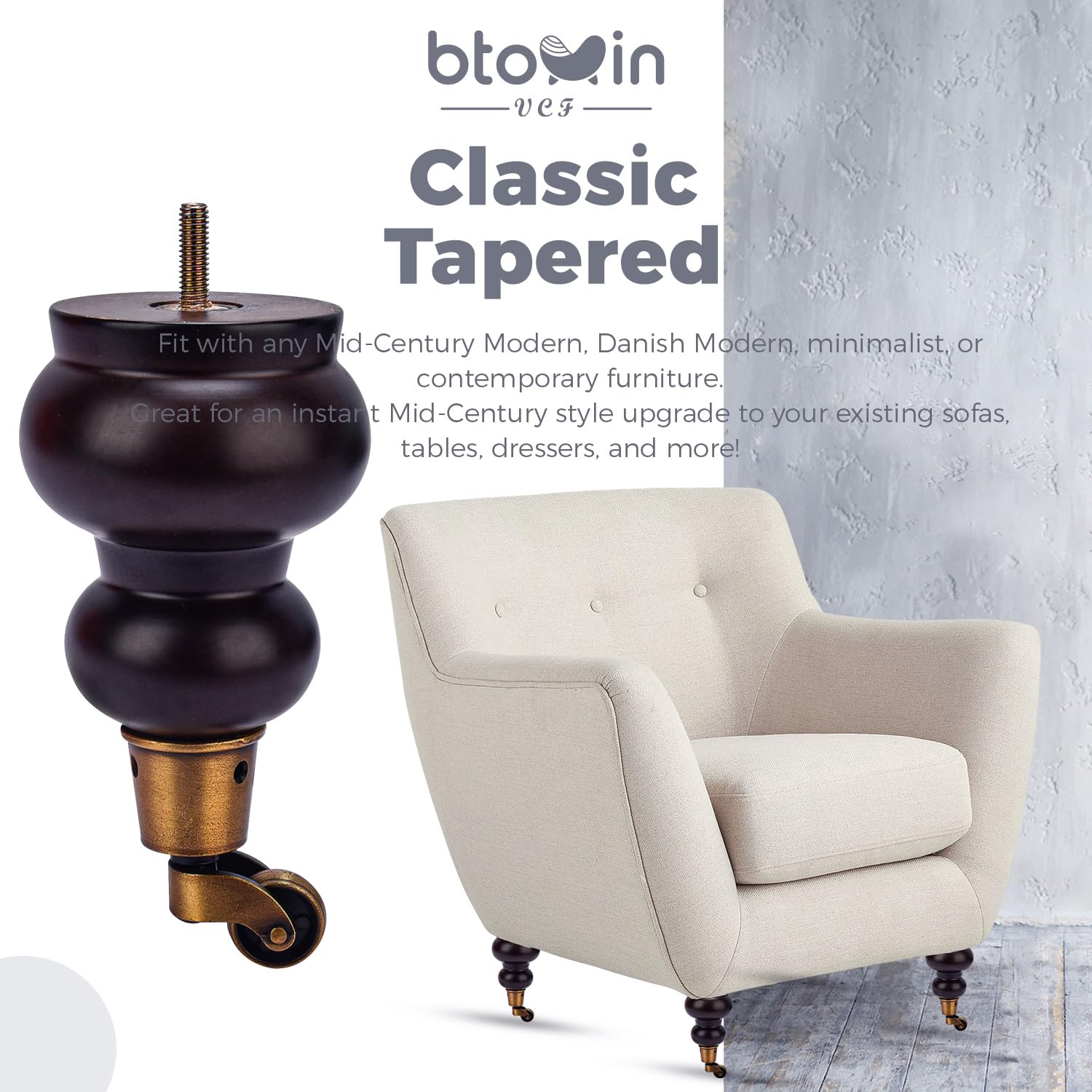 Patas de madera para muebles de 17 cm con ruedas, 4 patas redondas de madera maciza de nogal para gabinete, patas redondas de madera de calabaza, patas de repuesto para sofá, sillón, silla,