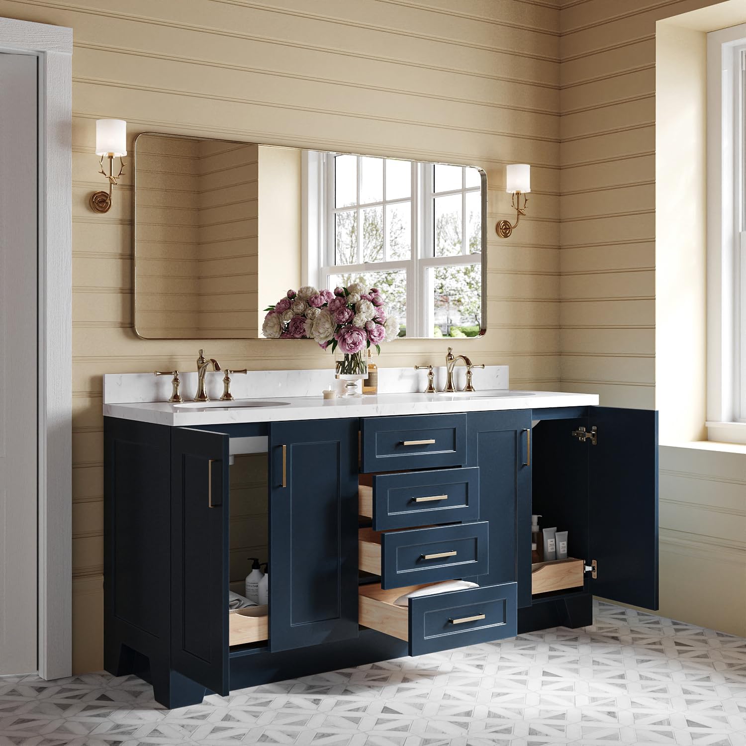 ARIEL Taylor 72-inch Bathroom Vanity with Sink,Solid Wood, 1.5-inch Carrara White Quartz Countertop & Backsplash, Double Oval Porcelain Sink, 4 Soft Closing Doors, 6 Dovetail Drawers, Midnight Blue