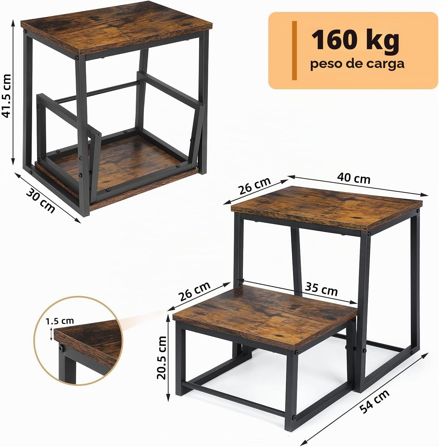 LIANTRAL Taburete 2 Niveles Reposapiés Extensible 2 en 1, Marco Metal, Madera, 160 kg, Marrón Retro