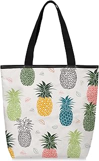 Sacolas de lona com zíper e bolso interno, bolsa de ombro feminina casual bolsa de mão arco-íris folha de abacaxi, bolsas de compras reutilizáveis para cozinha, sacolas de lona para uso para livros, sacolas de compras, sacolas de presente, Multicor