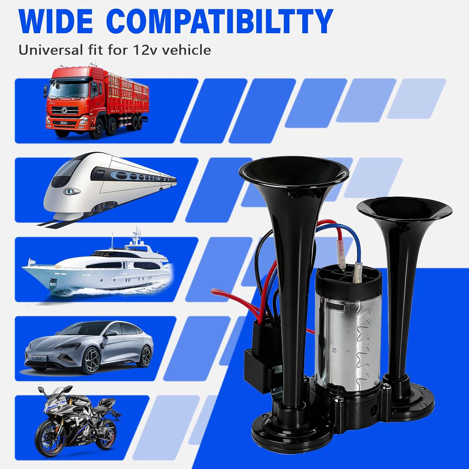 12V 600DB Air Horn Dual Trumpets, Super Loud Truck Train Horns Kit with Air Compressor Trains Cars Boats