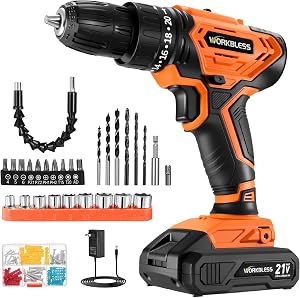 WORKBLESS Cordless Drill, Power Drill Set with 1 Battery and Charger, 40Nm, 20+1 Torque, 2 Speed, Keyless 3/8" Electric Screwdriver with LED Light, 28pcs Drill Bits Set(Orange)