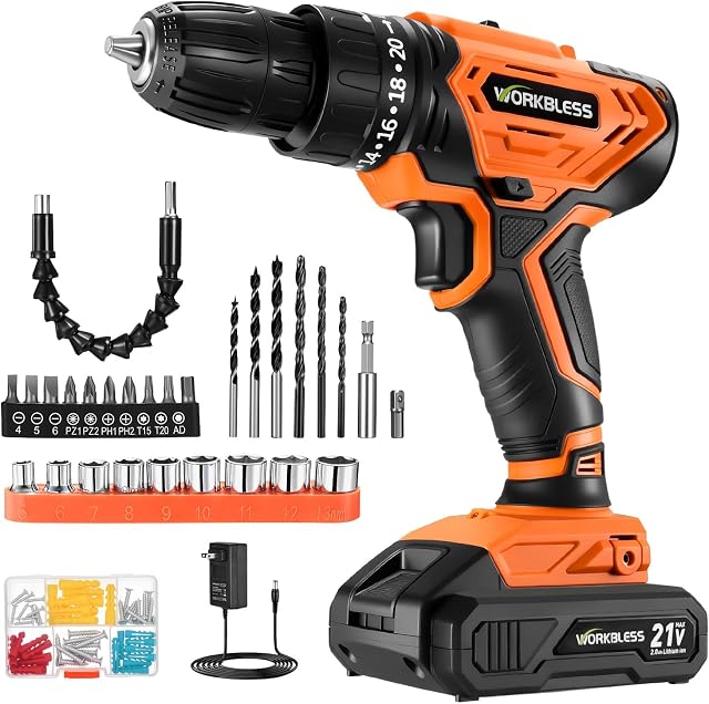 WORKBLESS Perceuse sans fil, ensemble de perceuse avec 1 Batterie et chargeur, 40Nm, 20+1 Torque, 2 Vitesse, tournevis électrique sans clé de 3/8" avec LED Lumière, 28pcs Ensemble de Bits de forage(Orange)