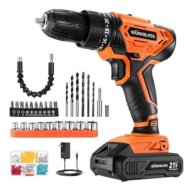 WORKBLESS Cordless Drill Power Drill Set with 1 Battery and Charger 40Nm 20 1 Torque 2 Speed Keyless