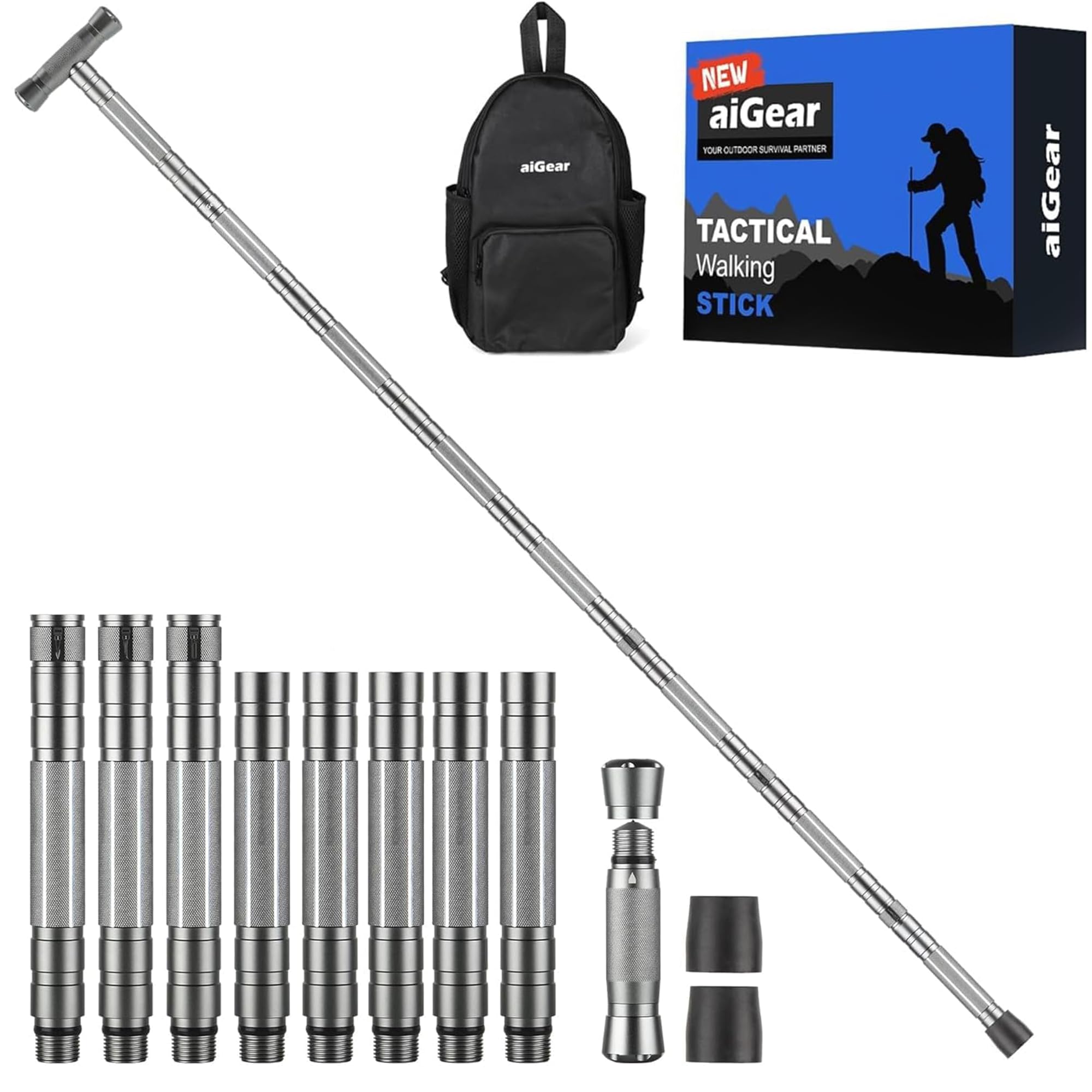 aiGear G3 Tactical Hiking Staff – Durable Adjustable Trekking Pole for Camping Adventures with Multi-Tool