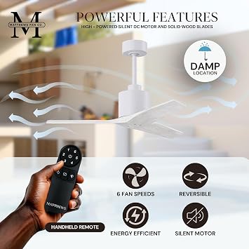 Matthews Fan Company MW-MWH-MWH-42 Mollywood Damp Rated 42 Ceiling Fan without Light, Remote & Wall Control Included, Silent DC Motor, 3 Solid Wood Blades, Matte White