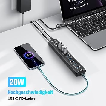 USB C 3.2 Hub Active Power Source (60W 12/5A), RSHTECH 11 Port USB C 3.1 Gen2 Hub 20W PD, 3 x 10Gbps USB 3.2 (2 x Type C, 1 x Type A), 7 * 5Gbps USB 3.0, 2 in 1 Cable, Aluminum USB Distributor,