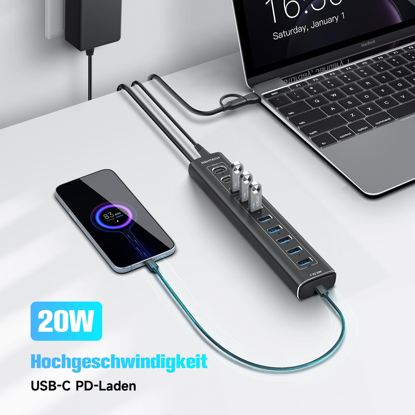USB C 3.2 Hub Aktiv mit Netzteil (60W 12/5A), RSHTECH 11-Port USB C 3.1 Gen2 Hub mit 20W PD, 3 * 10Gbps (2*Typ-C, 1*Typ-A), 7 * 5Gbps (7*Typ-A), 2-in-1 Kabel, Aluminium USB Verteiler, RSH-A11PD