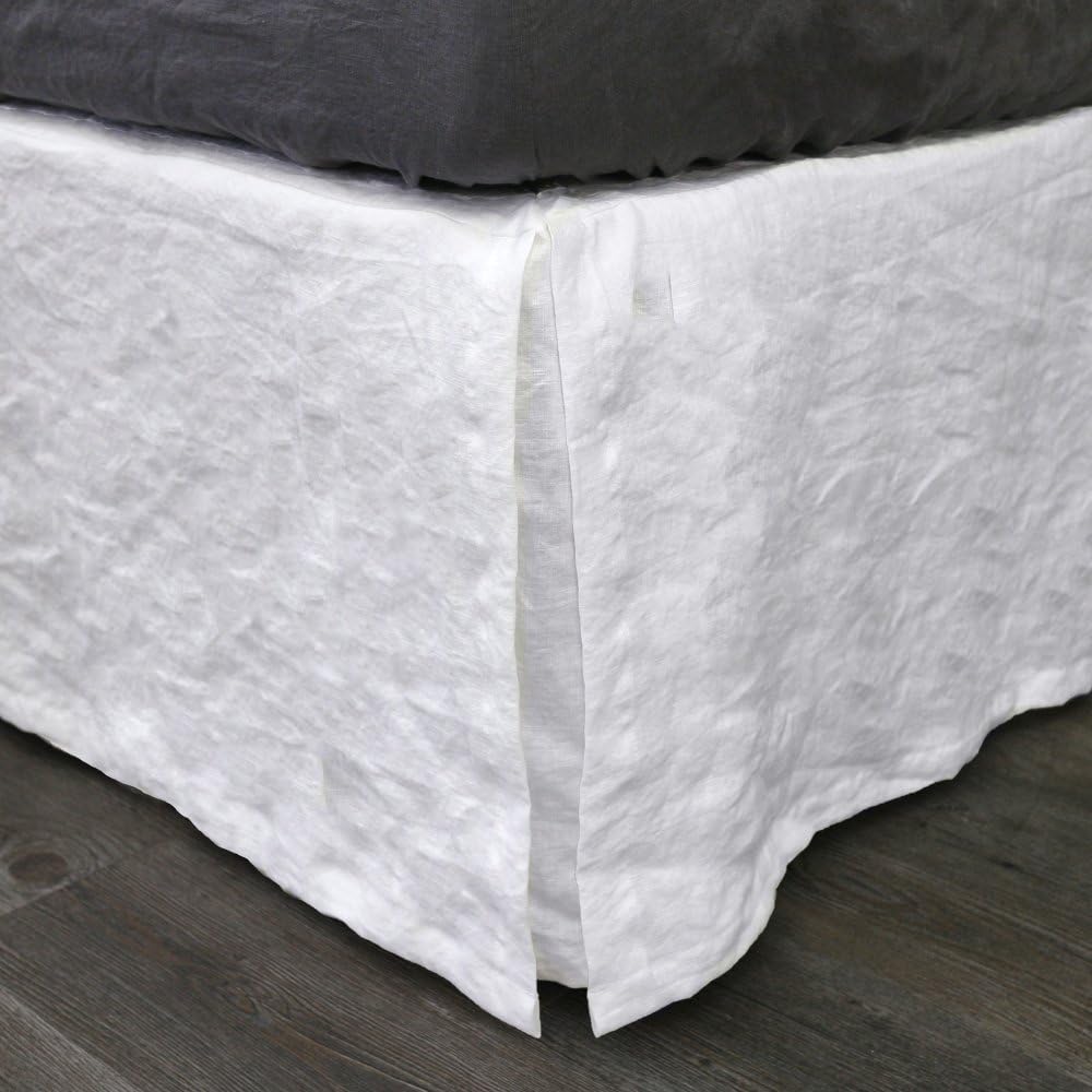 Linenshed - Bed Skirt Soft Washed Pure Linen with 4 Split Corners (Queen 60"x80"x15",White)