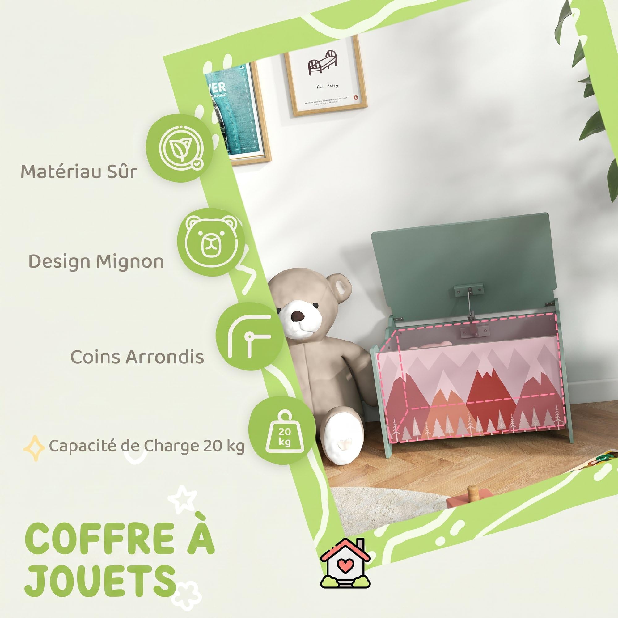 ZONEKIZ Coffre à jouet enfant avec couvercle rabattable, motif de forêt, coffre de rangement enfant, coins arrondis et poignée latérale, rangement jouet pour filles garçons, 60 x 37 x 39 cm, vert