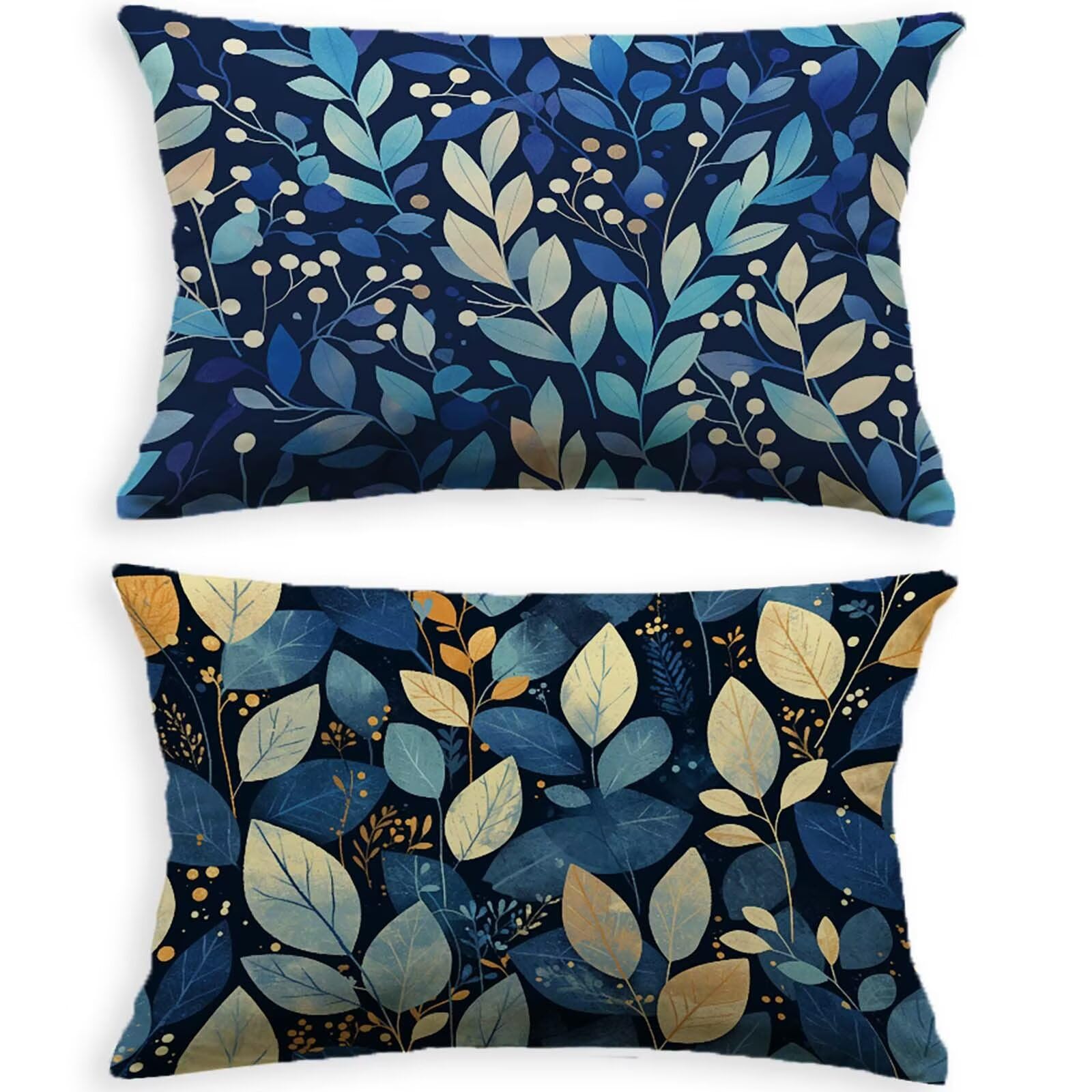 Coussin bleu marine 40x80 cm : lot de 2 housses rectangulaires en velours imprimé feuille