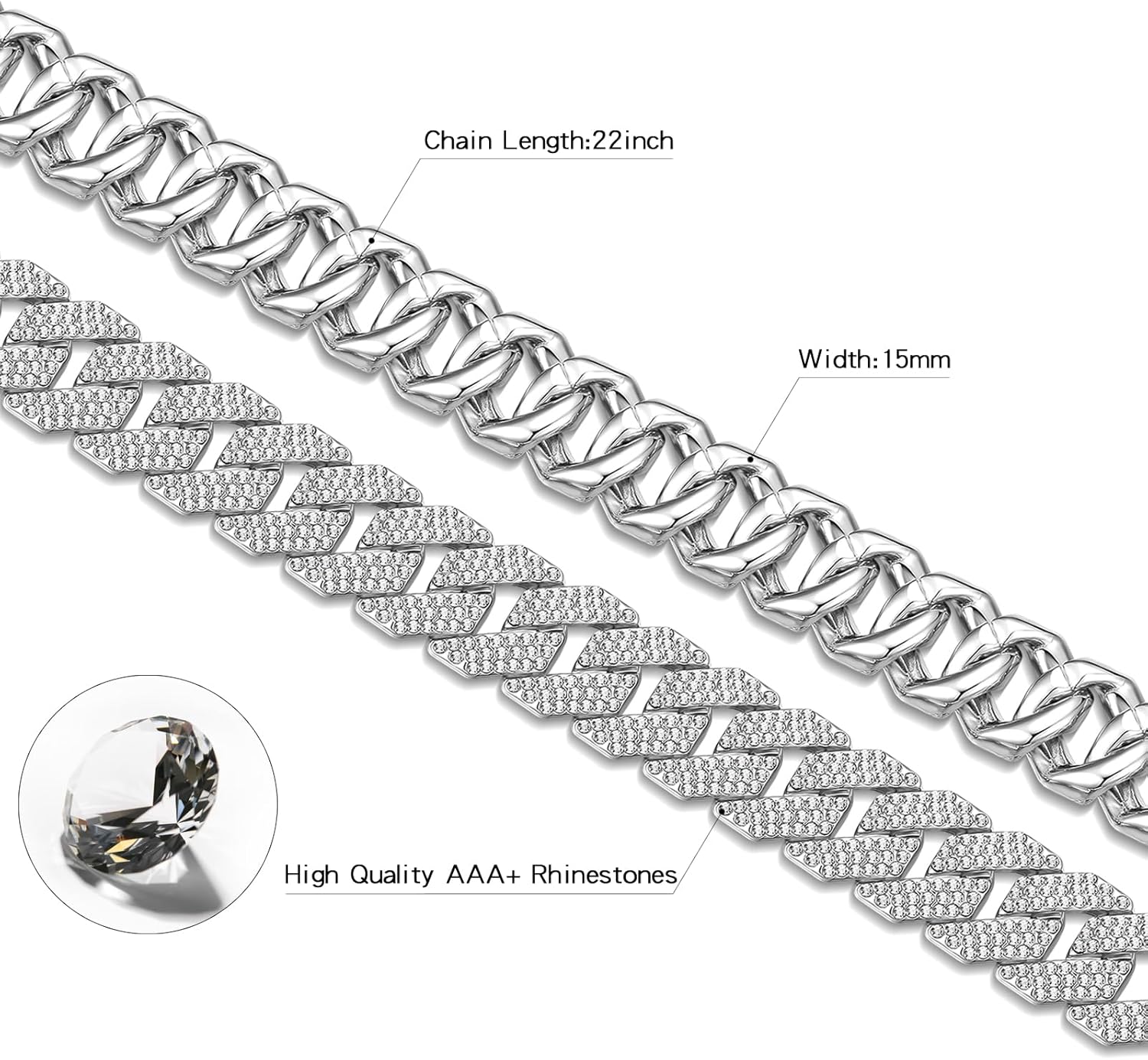 EDINGM Cuban Link Chain for Men, Silver/Gold Diamond Miami Cuban Necklace for Women, 15mm Iced Out Hip Hop Jewelry - Image 3