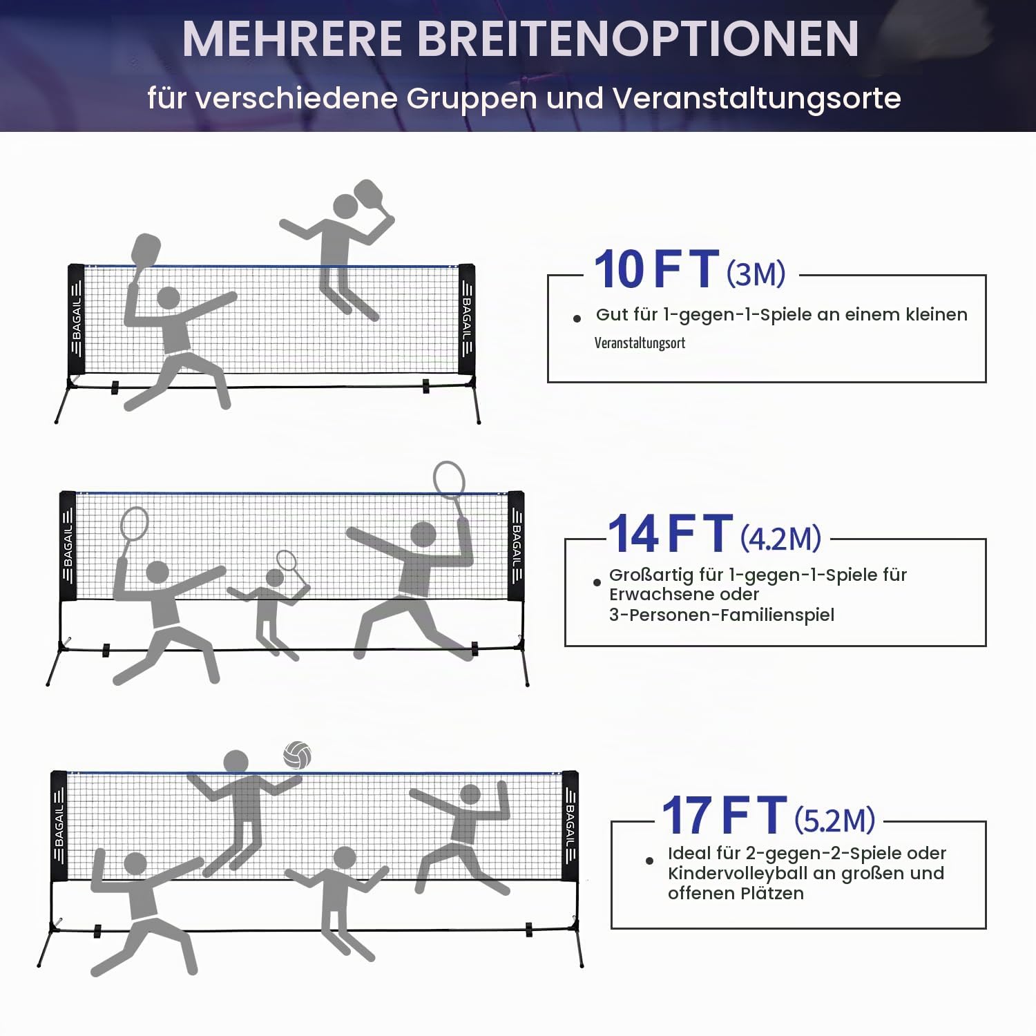 BAGAIL Sportnetz mit Pickleball- und Badminton-Sets, 5.2m | höhenverstellbares Netzsystem, tragbare Transporttasche, Aufbau ohne Werkzeug, ideal für Volleyball, Pickleball und Tennis