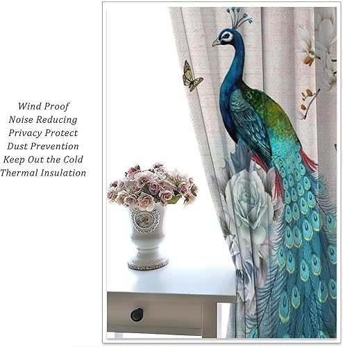 Miniatura 151 de Cortina opaca con estampado de pavo real, con estampado de animales retro, con bolsillo para cortinero y flores de peonía doradas, para dormitorio,