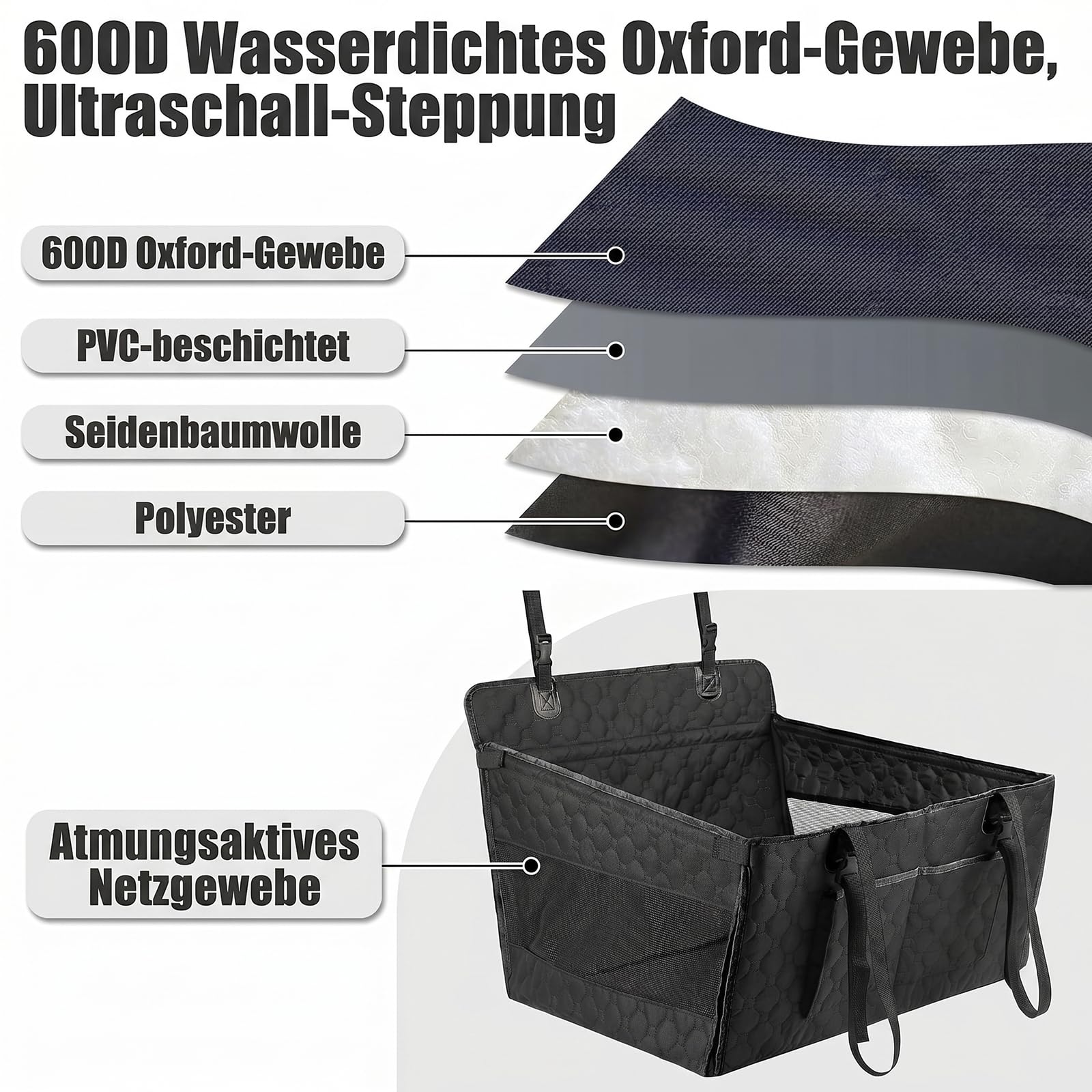 Verstärkter Hunde Autositz für Mittlere und Große Hunde, Hunde Autositz Rückbank – mit 4 Sicherheitsgurten für die Rückbank, Stabil, rutschfest, Faltbar & Waschbar, Kratzfest, Schwarz-L