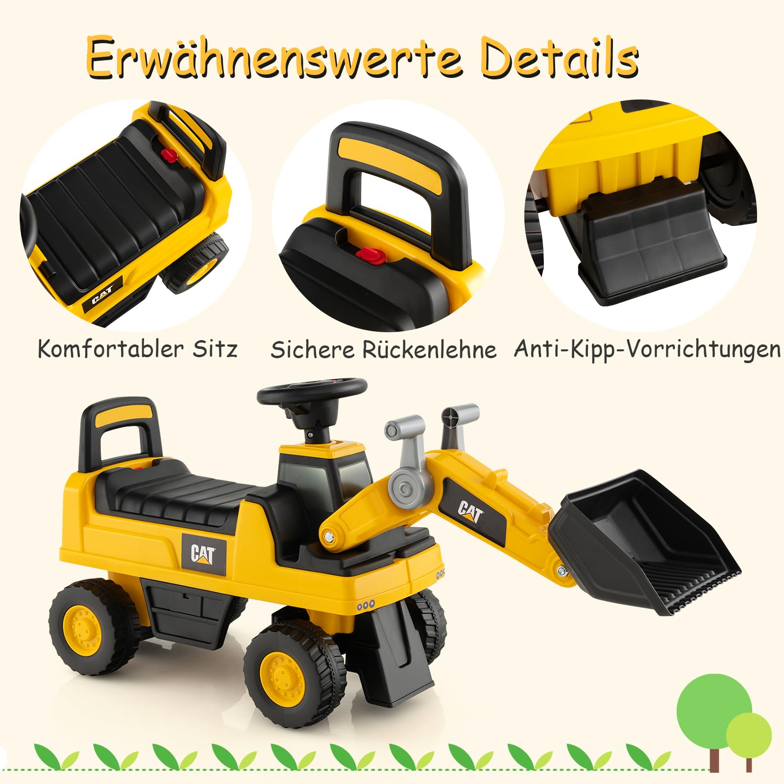 DREAMADE Sitzbagger, Bagger mit Lenkbarer Schaufel & Hupe, Rutschauto mit Stauraum unter Sitz, Aufsitzbagger mit Anti-Rutsch-Räder & Anti-Rollover-Vorrichtung für 1-3 Jahre (Bulldozer)